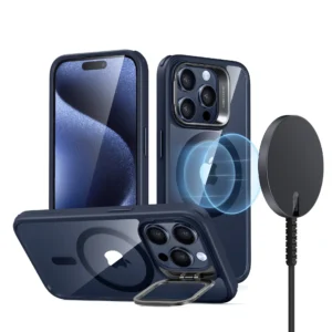 iPhone 15 ProMax Esr Hybrid Case with Stash Stand Clear Blue